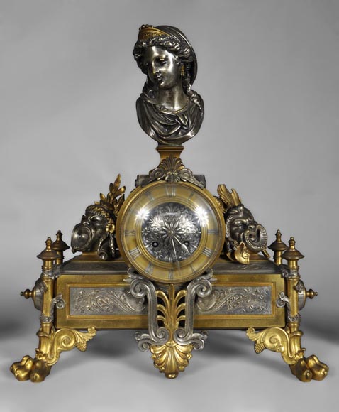 Antique Napoleon III style clock set in two patinas bronze with Antique Comedy masks decor Antique Napoleon III style clock set in two patinas bronze with Antique Comedy masks decor-1