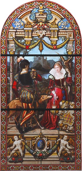 « Leaving for the Hunt , Important enamelled stained glass window by Maison Lorin coming from the Château des Ollières in Nice, France « Leaving for the Hunt , Important enamelled stained glass window by Maison Lorin coming from the Château des Ollières in Nice, France-0