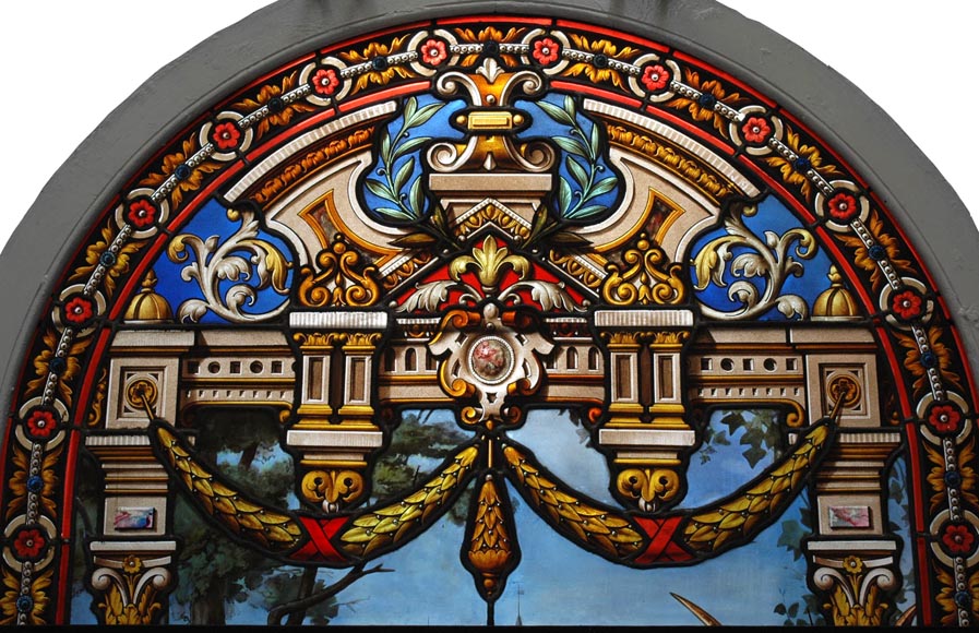 « Leaving for the Hunt , Important enamelled stained glass window by Maison Lorin coming from the Château des Ollières in Nice, France « Leaving for the Hunt , Important enamelled stained glass window by Maison Lorin coming from the Château des Ollières in Nice, France-1