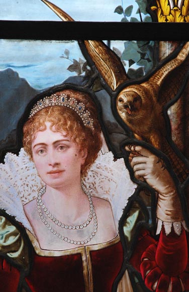 « Leaving for the Hunt , Important enamelled stained glass window by Maison Lorin coming from the Château des Ollières in Nice, France « Leaving for the Hunt , Important enamelled stained glass window by Maison Lorin coming from the Château des Ollières in Nice, France-2