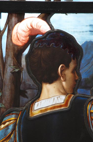 « Leaving for the Hunt , Important enamelled stained glass window by Maison Lorin coming from the Château des Ollières in Nice, France « Leaving for the Hunt , Important enamelled stained glass window by Maison Lorin coming from the Château des Ollières in Nice, France-3