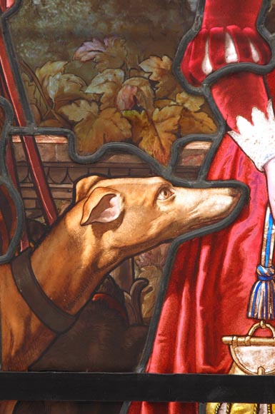« Leaving for the Hunt , Important enamelled stained glass window by Maison Lorin coming from the Château des Ollières in Nice, France « Leaving for the Hunt , Important enamelled stained glass window by Maison Lorin coming from the Château des Ollières in Nice, France-4