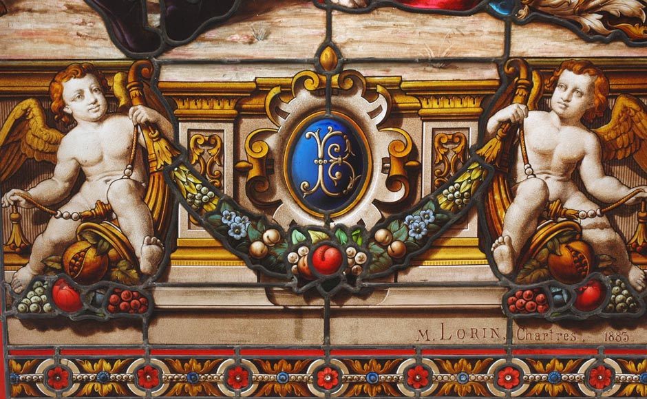 « Leaving for the Hunt , Important enamelled stained glass window by Maison Lorin coming from the Château des Ollières in Nice, France « Leaving for the Hunt , Important enamelled stained glass window by Maison Lorin coming from the Château des Ollières in Nice, France-9