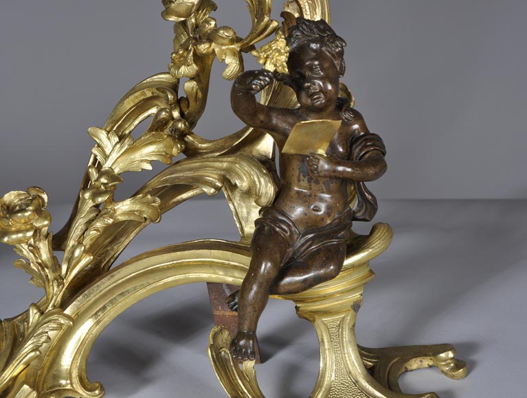 Beautiful pair and antique Louis XV period andirons with Summer Allegories made out of gilded bronze and brown patina bronze Beautiful pair and antique Louis XV period andirons with Summer Allegories made out of gilded bronze and brown patina bronze-5