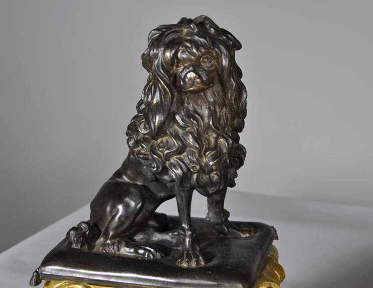 Antique pair of gilded bronze and brown patina bronze andirons with cat and dog decor Antique pair of gilded bronze and brown patina bronze andirons with cat and dog decor-1