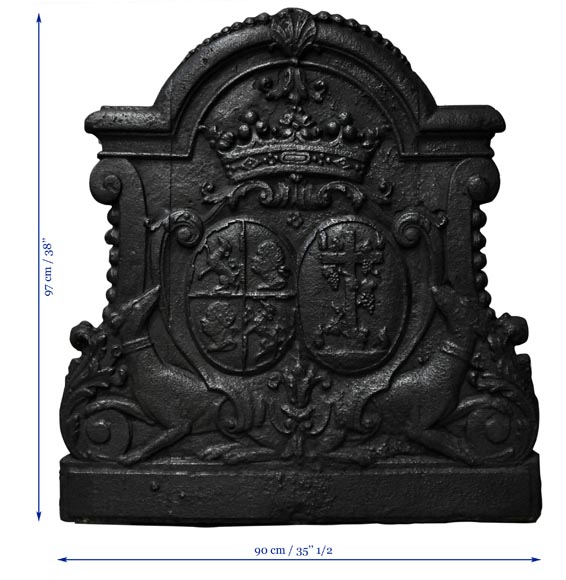 Antique cast iron fireback with wedding coat of arms of Gilles Brunet, Marquis of la Palisse, and Françoise-Suzanne Bignon-7