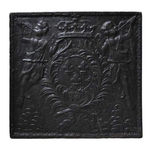 Antique cast iron fireback with French coat of Arms and angels