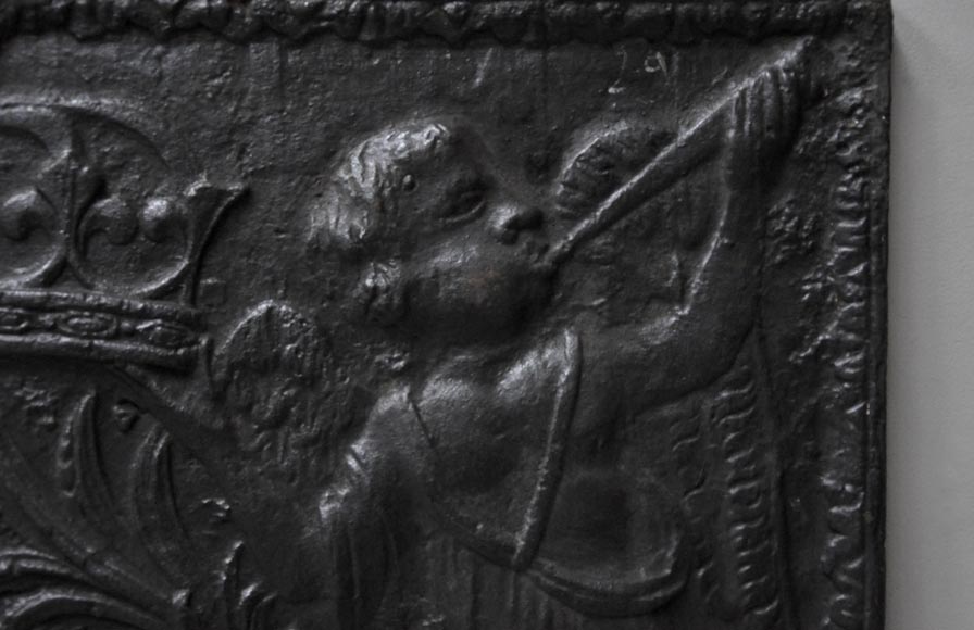 Antique cast iron fireback with French coat of Arms and angels Antique cast iron fireback with French coat of Arms and angels-3