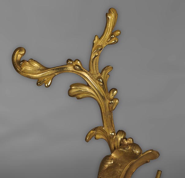 Antique Louis XV style andirons made out of gilded bronze with putti decor Antique Louis XV style andirons made out of gilded bronze with putti decor-5