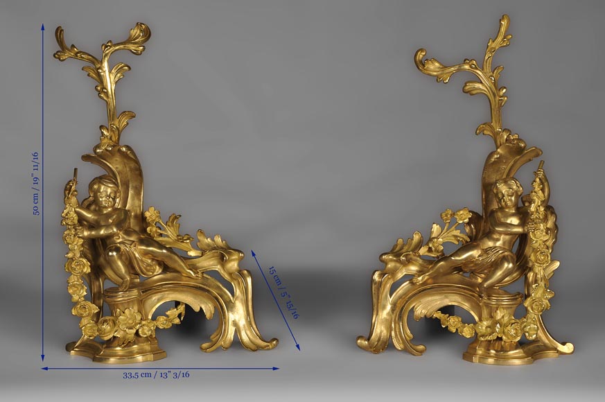 Antique Louis XV style andirons made out of gilded bronze with putti decor Antique Louis XV style andirons made out of gilded bronze with putti decor-9