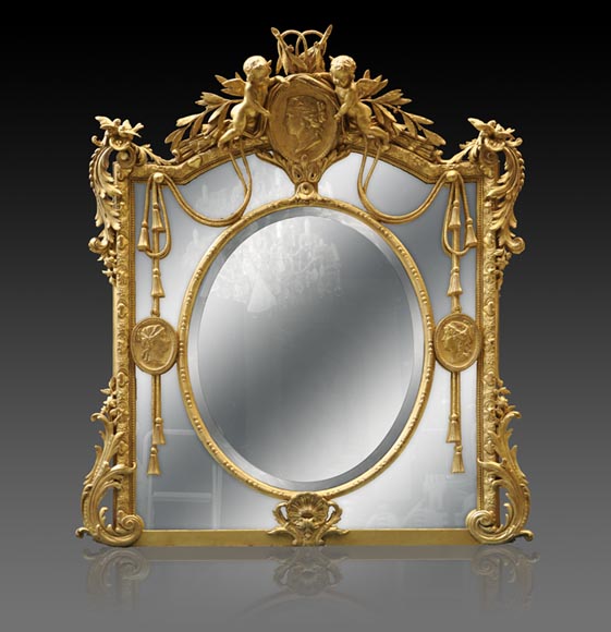 Magnificent antique Napoleon III mirror with partitions, decor of putti and women profils in medallions Magnificent antique Napoleon III mirror with partitions, decor of putti and women profils in medallions-0