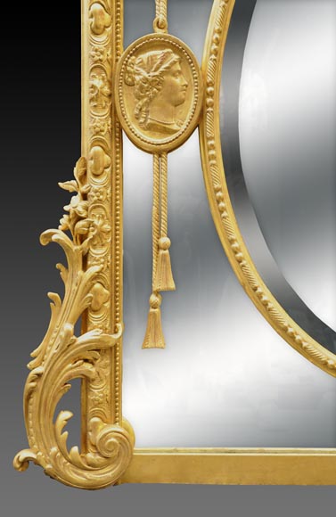 Magnificent antique Napoleon III mirror with partitions, decor of putti and women profils in medallions Magnificent antique Napoleon III mirror with partitions, decor of putti and women profils in medallions-7