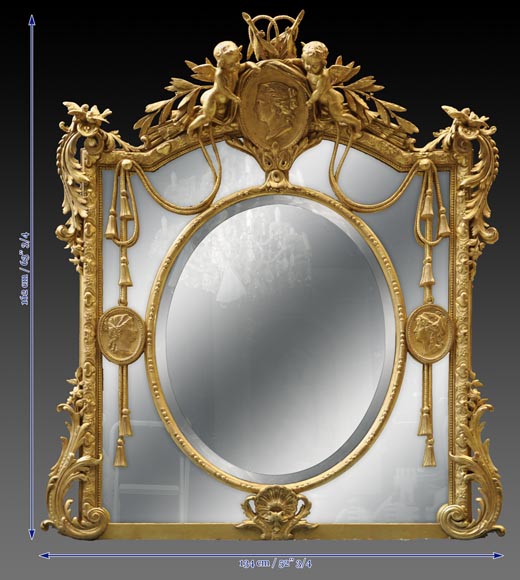 Magnificent antique Napoleon III mirror with partitions, decor of putti and women profils in medallions Magnificent antique Napoleon III mirror with partitions, decor of putti and women profils in medallions-11
