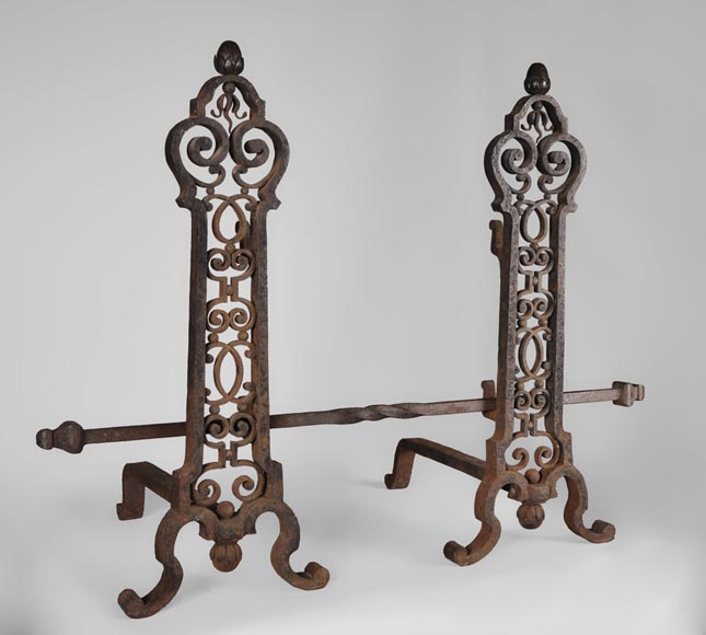 Important pair of wrought iron andirons, 19th century Important pair of wrought iron andirons, 19th century-1