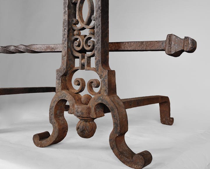 Important pair of wrought iron andirons, 19th century Important pair of wrought iron andirons, 19th century-3