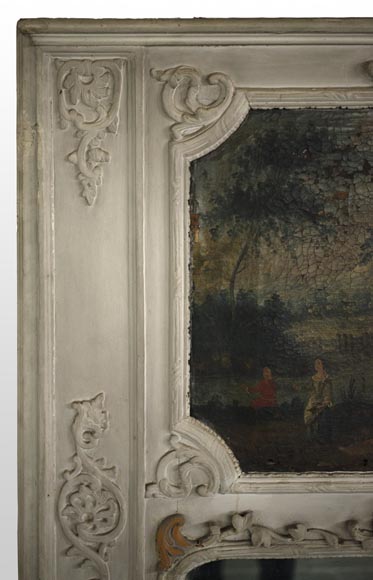 Antique Regence style overmantel mirror with a painting representing a gallant scene Antique Regence style overmantel mirror with a painting representing a gallant scene-2