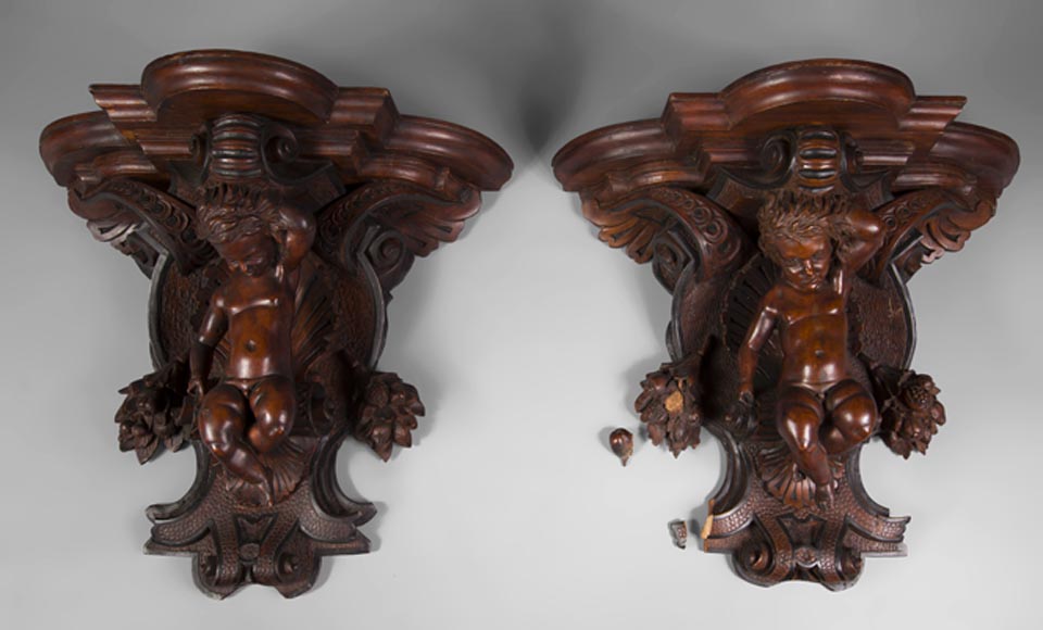 Pair of applied consoles in carved walnut with putti decor, Napoleon 3 period Pair of applied consoles in carved walnut with putti decor, Napoleon 3 period-0