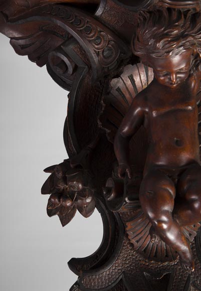 Pair of applied consoles in carved walnut with putti decor, Napoleon 3 period Pair of applied consoles in carved walnut with putti decor, Napoleon 3 period-3