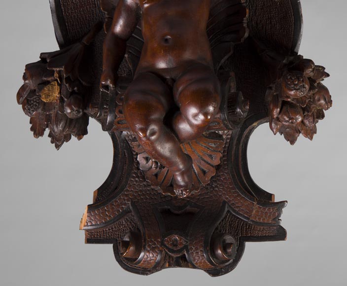 Pair of applied consoles in carved walnut with putti decor, Napoleon 3 period Pair of applied consoles in carved walnut with putti decor, Napoleon 3 period-5