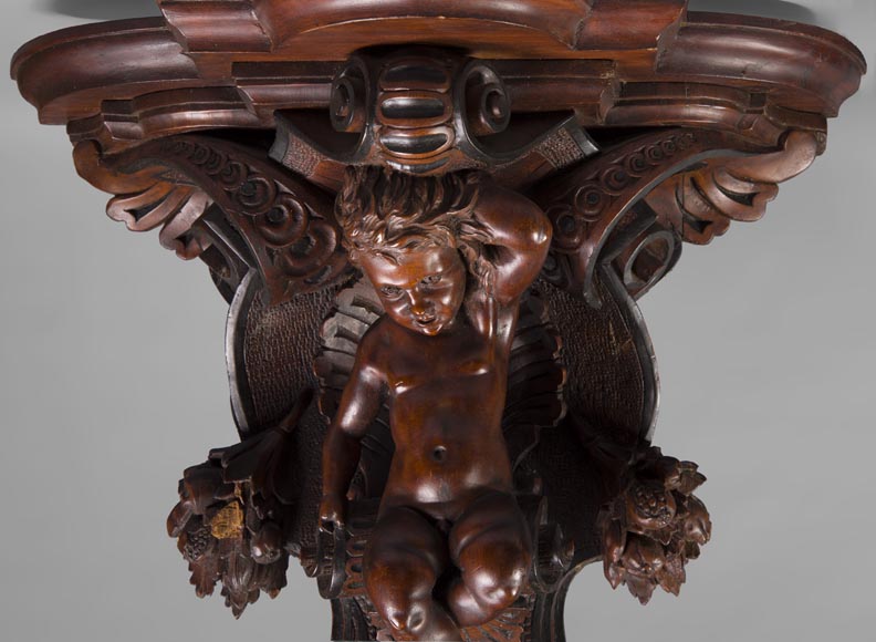 Pair of applied consoles in carved walnut with putti decor, Napoleon 3 period Pair of applied consoles in carved walnut with putti decor, Napoleon 3 period-7