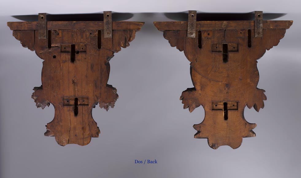 Pair of applied consoles in carved walnut with putti decor, Napoleon 3 period Pair of applied consoles in carved walnut with putti decor, Napoleon 3 period-9