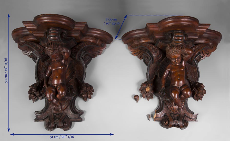 Pair of applied consoles in carved walnut with putti decor, Napoleon 3 period Pair of applied consoles in carved walnut with putti decor, Napoleon 3 period-10