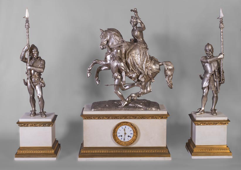After Jean-Auguste BARRE (1811-1896) - Set clock with Marie de Bourgogne going falcon hunting After Jean-Auguste BARRE (1811-1896) - Set clock with Marie de Bourgogne going falcon hunting-0