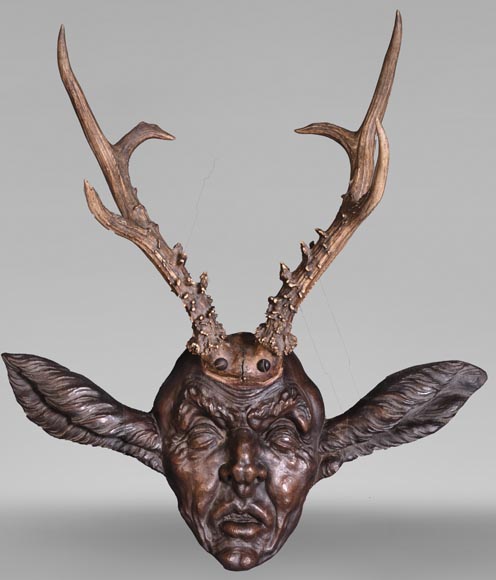 STEINER Hermann (1878-1963) carved wooden and Siberian deer antler faun mask-0