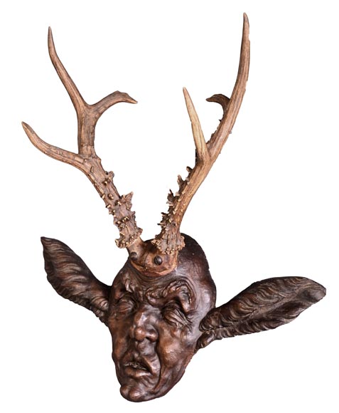 STEINER Hermann (1878-1963) carved wooden and Siberian deer antler faun mask-1