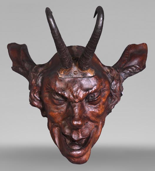 STEINER Hermann (1878-1963) faun mask in carved wood and ibex horns-0