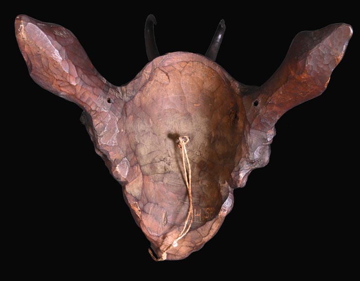 STEINER Hermann (1878-1963) faun mask in carved wood and ibex horns-6