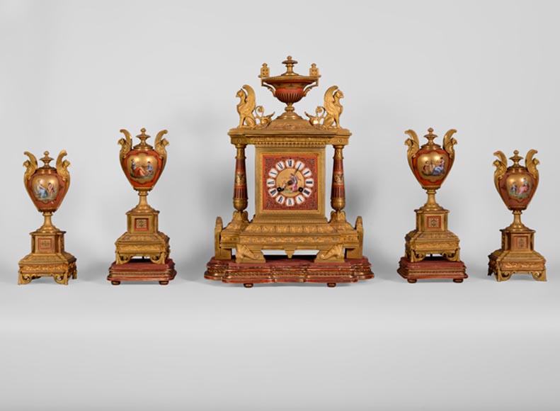 Porcelain and gilded bronze clock set with griffin Porcelain and gilded bronze clock set with griffin-0