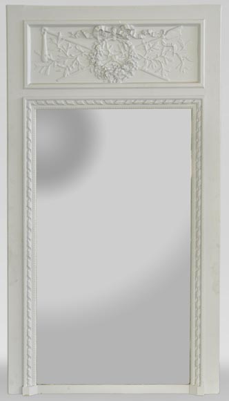 Antique Louis XVI style overmantel mirror with wreaths and masses of weapons, wood and stucco painted blue Antique Louis XVI style overmantel mirror with wreaths and masses of weapons, wood and stucco painted blue-0