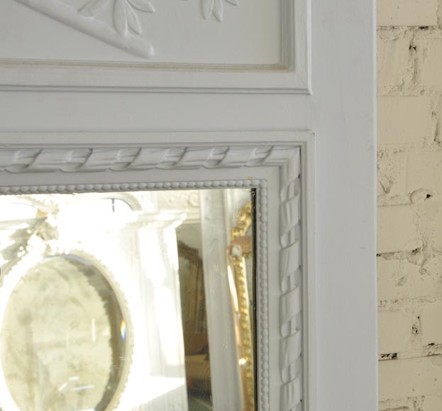 Antique Louis XVI style overmantel mirror with wreaths and masses of weapons, wood and stucco painted blue Antique Louis XVI style overmantel mirror with wreaths and masses of weapons, wood and stucco painted blue-4