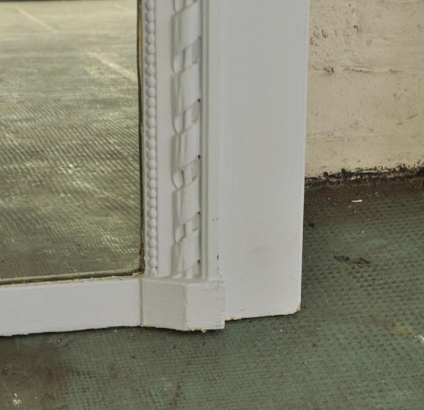 Antique Louis XVI style overmantel mirror with wreaths and masses of weapons, wood and stucco painted blue Antique Louis XVI style overmantel mirror with wreaths and masses of weapons, wood and stucco painted blue-6