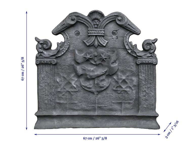 Antique cast iron fireback with coat of arms with a sword and two stars, two ionic pilasters and leather cut pattern, late 17th century Antique cast iron fireback with coat of arms with a sword and two stars, two ionic pilasters and leather cut pattern, late 17th century -7