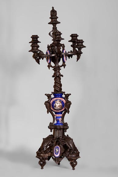 Antique Troubadour style 5 pieces clock set, cast iron and Paris porcelain Antique Troubadour style 5 pieces clock set, cast iron and Paris porcelain-6