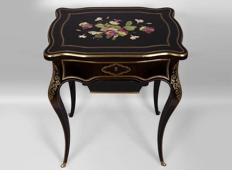 Julien-Nicolas RIVART (1802-1867) - Sewing table in blackened pearwood decorated of wild flowers in porcelain marquetry Julien-Nicolas RIVART (1802-1867) - Sewing table in blackened pearwood decorated of wild flowers in porcelain marquetry-0