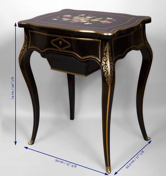Julien-Nicolas RIVART (1802-1867) - Sewing table in blackened pearwood decorated of wild flowers in porcelain marquetry Julien-Nicolas RIVART (1802-1867) - Sewing table in blackened pearwood decorated of wild flowers in porcelain marquetry-5
