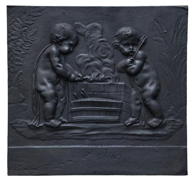 Putti Forging Cupid's Arrows, antique cast iron fireback Putti Forging Cupid's Arrows, antique cast iron fireback-0