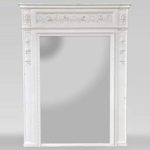 Antique Louis XVI style overmantel mirror with flowers frieze, wood and painted stucco