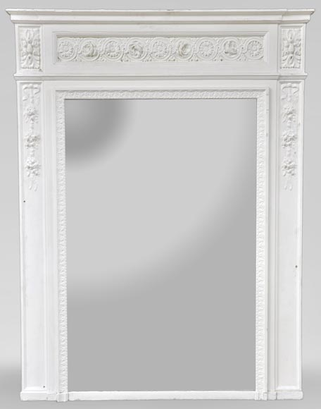 Antique Louis XVI style overmantel mirror with flowers frieze, wood and painted stucco Antique Louis XVI style overmantel mirror with flowers frieze, wood and painted stucco-0