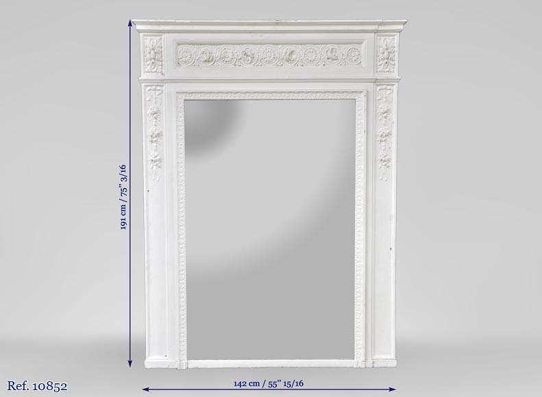 Antique Louis XVI style overmantel mirror with flowers frieze, wood and painted stucco Antique Louis XVI style overmantel mirror with flowers frieze, wood and painted stucco-7