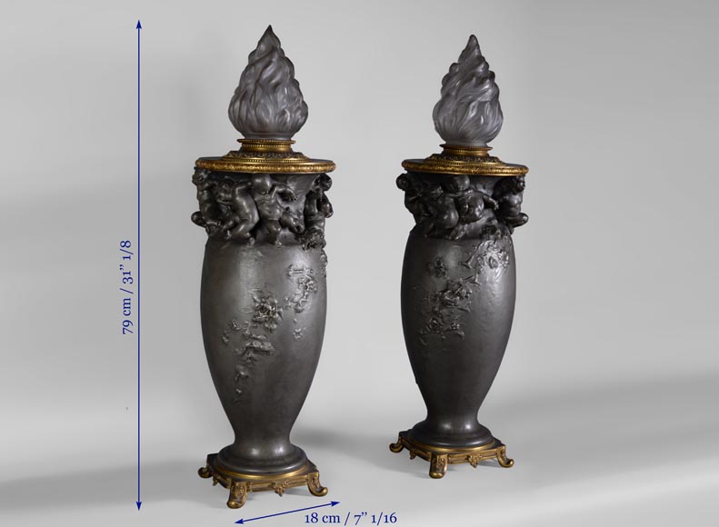 Paul ROUSSEL (1867-1928) - Pair of pewter lamps, cast by Eugène Soleau and globe signed Sèvres Paul ROUSSEL (1867-1928) - Pair of pewter lamps, cast by Eugène Soleau and globe signed Sèvres-9