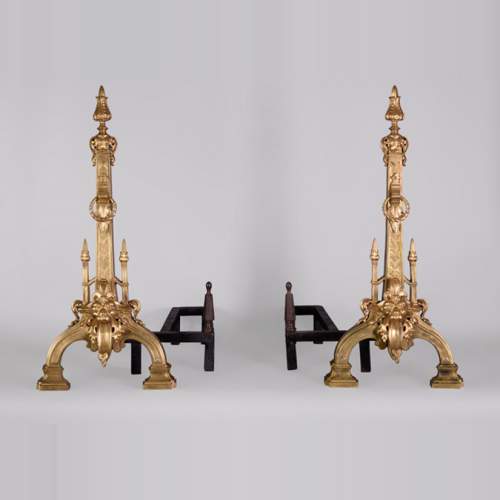 Pair of antique Napoleon III style andirons in gilt bronze with lion heads