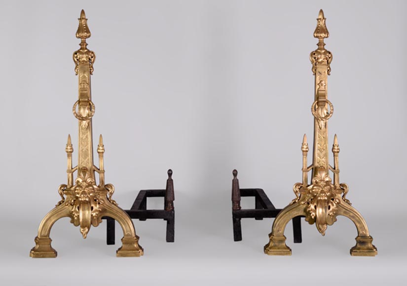 Pair of antique Napoleon III style andirons in gilt bronze with lion heads Pair of antique Napoleon III style andirons in gilt bronze with lion heads-0