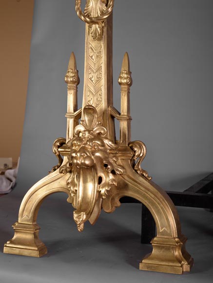 Pair of antique Napoleon III style andirons in gilt bronze with lion heads Pair of antique Napoleon III style andirons in gilt bronze with lion heads-3