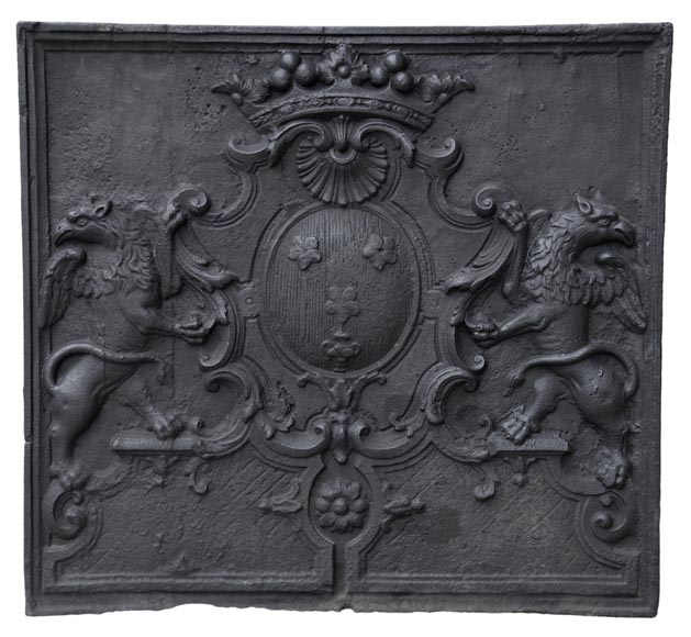 Beautiful antique cast iron fireback with the Jannon family coat of arms, 18th century Beautiful antique cast iron fireback with the Jannon family coat of arms, 18th century -0