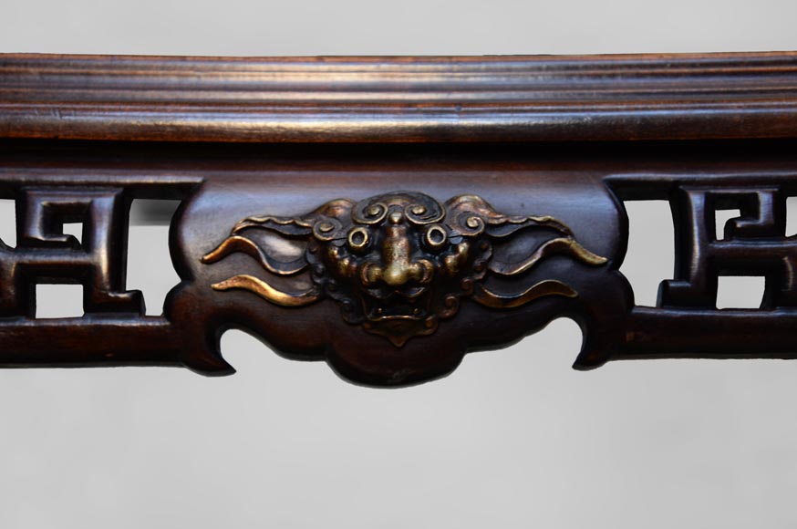 Japanese style table, openwork wooden friezes, top decorated with a japanese hunter Japanese style table, openwork wooden friezes, top decorated with a japanese hunter-6