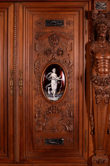 MAZAROZ-RIBAILLIER & SOYER Théophile — Important Neo-Renaissance carved walnut display cabinet with painted enamel plaques MAZAROZ-RIBAILLIER & SOYER Théophile — Important Neo-Renaissance carved walnut display cabinet with painted enamel plaques-1